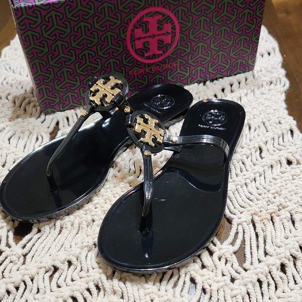 Tory Burch Black Sandals with Gold Emblem